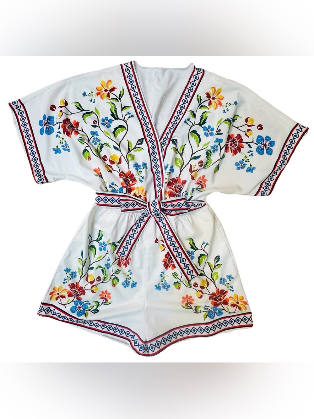 White Floral Embroidered Romper with Belt